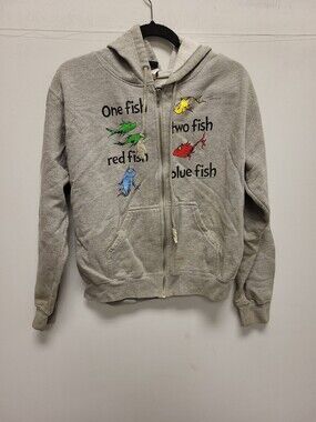 Mighty Fine Dr Seuss One Fish Two Fish Zip Up Hoodie Sweatshirt Gray Size L